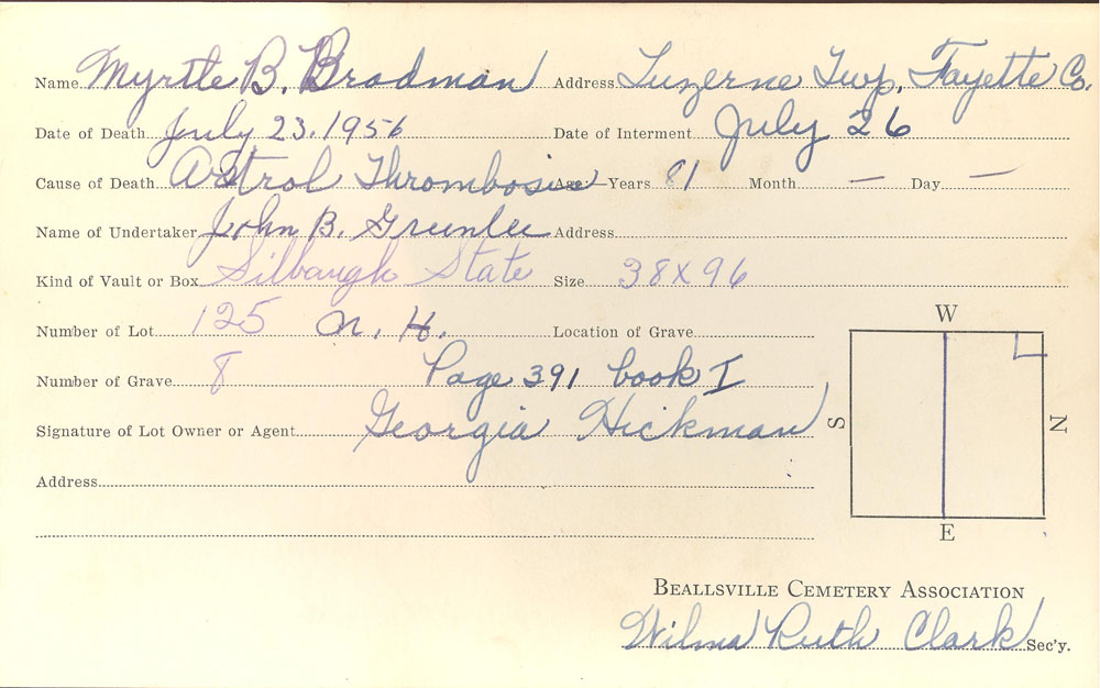 Myrtle Bradmon burial card
